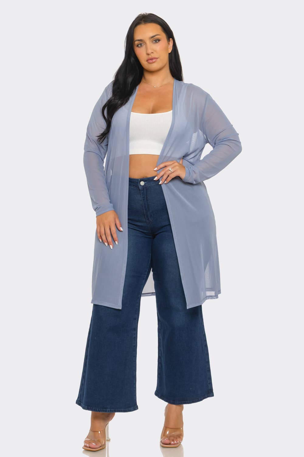 Plus Size Mesh Solid Side Slits Long Sleeve Cardigan