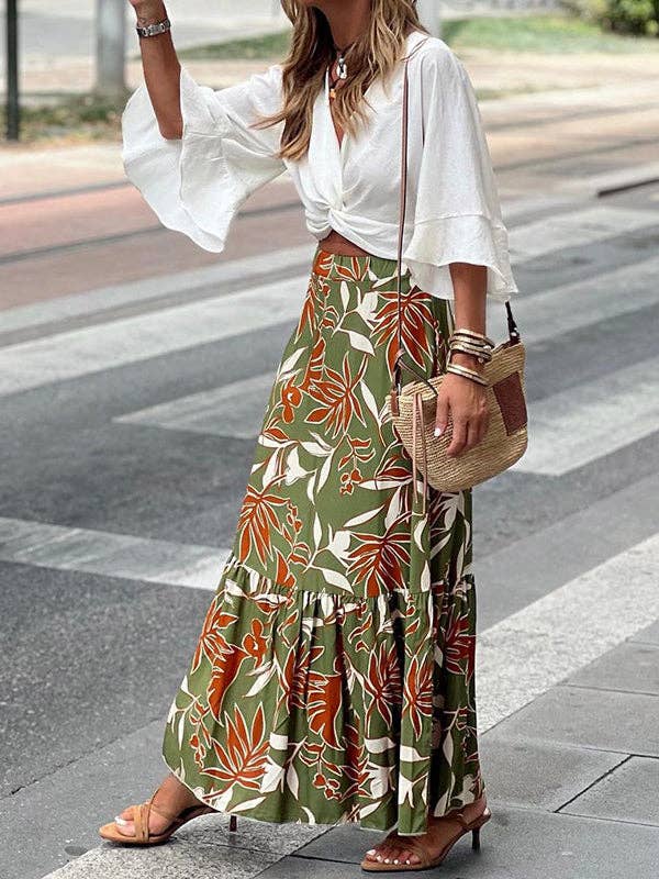 High Waisted Loose Elasticity Flower Print Pleated Split-Joint Skirts Bottoms