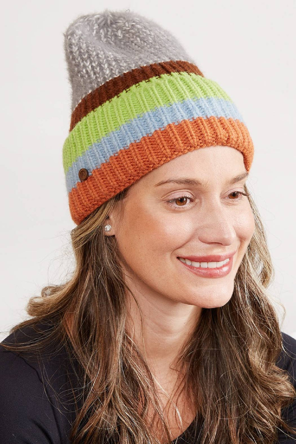 Mixed Color Knit Ribbed Beanie with Button