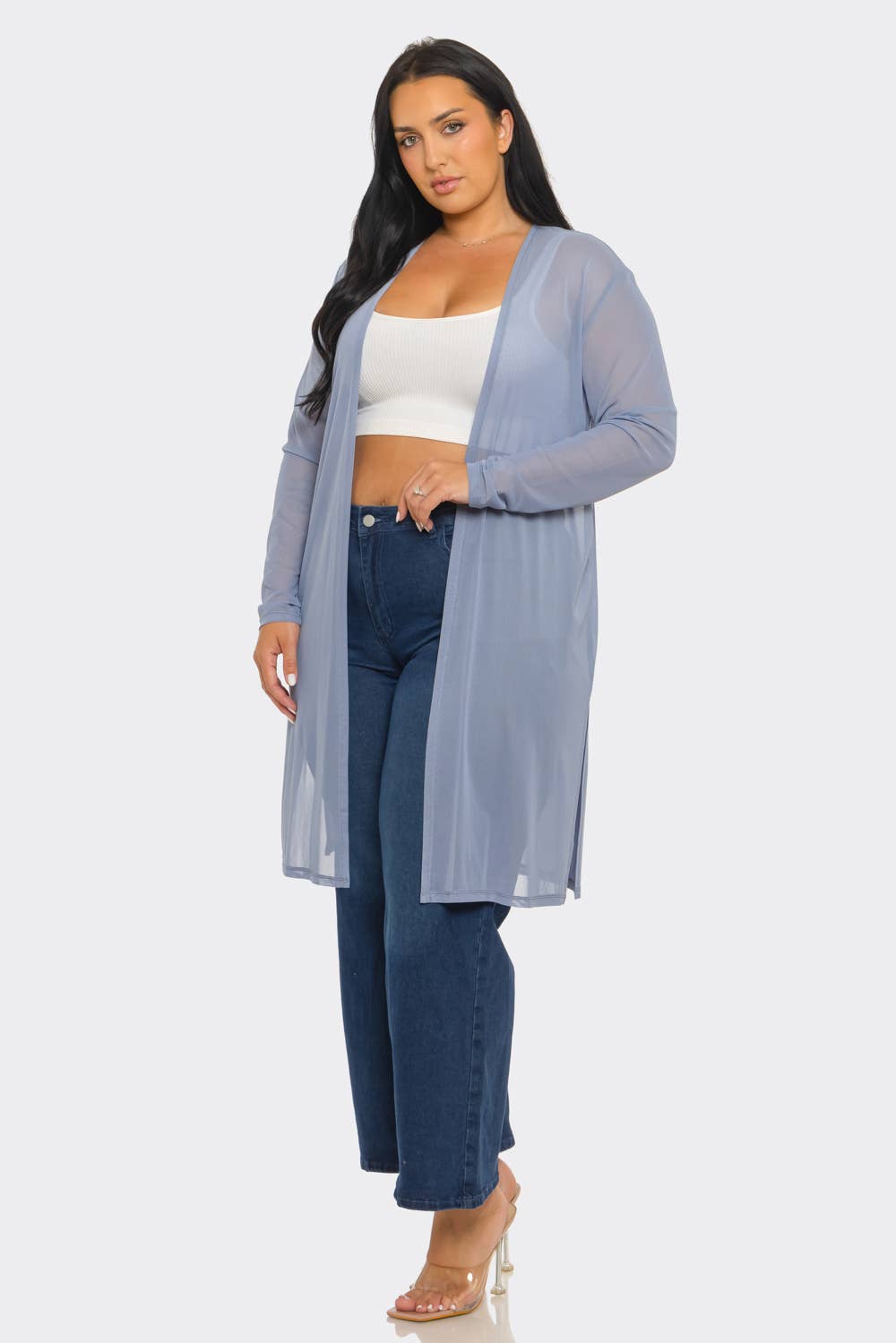Plus Size Mesh Solid Side Slits Long Sleeve Cardigan