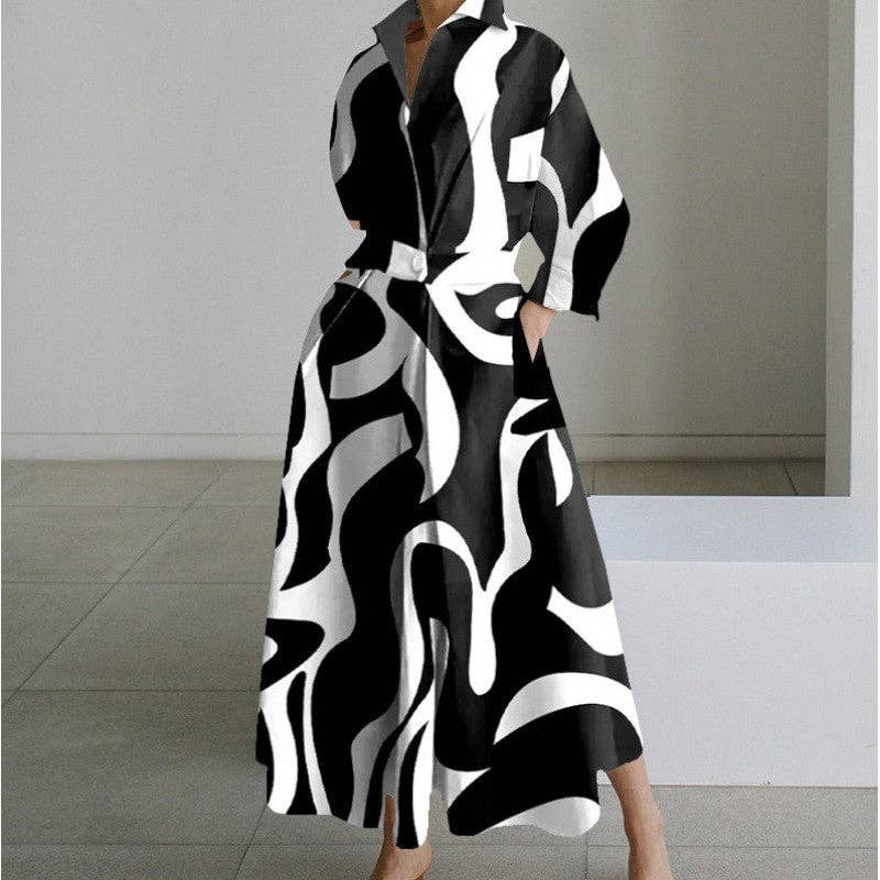 Stylish Printed Polo Neck Loose Fit Midi Dress