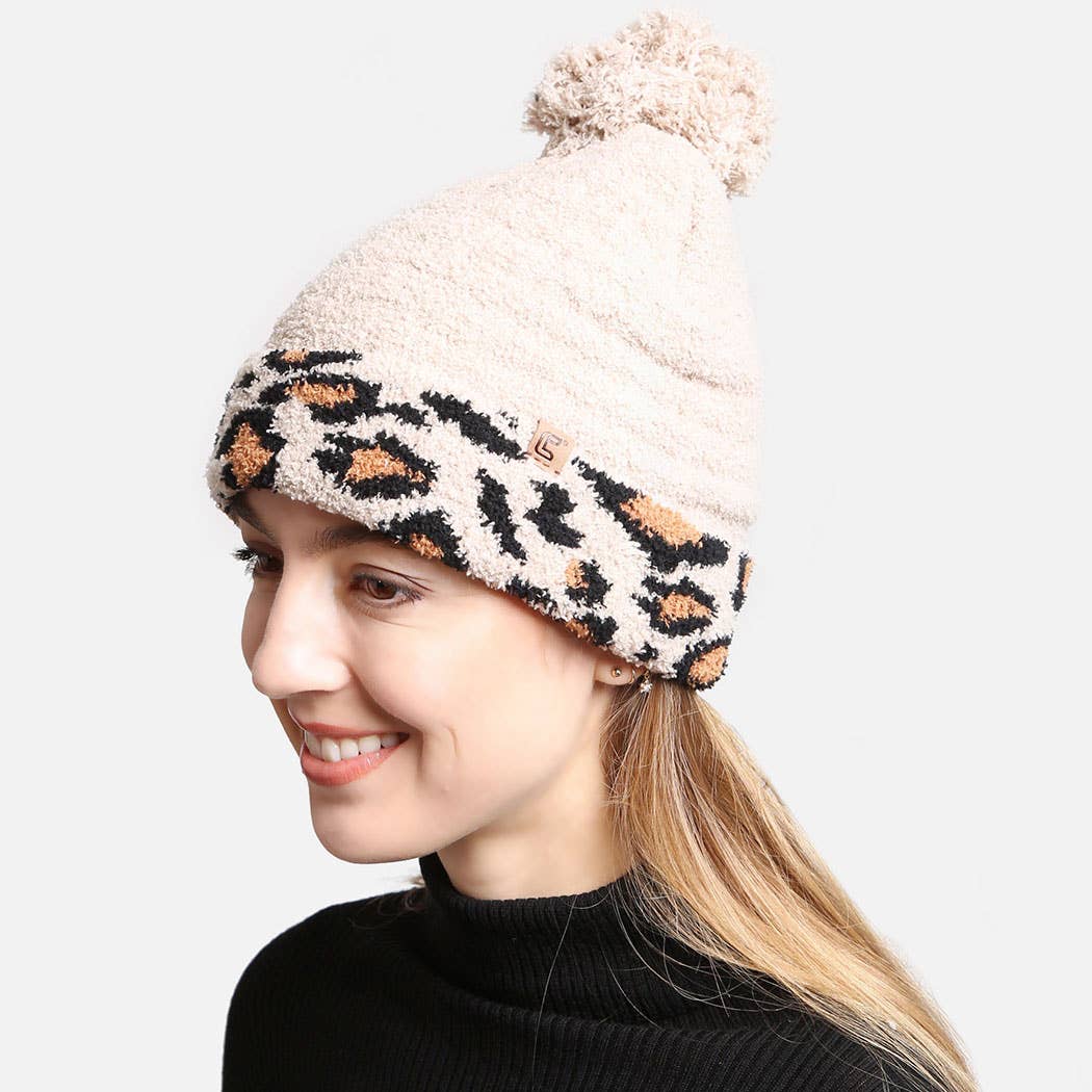 Luxury Soft Beanie Hat w Leopard Print Cuff