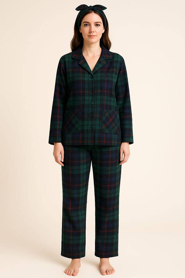 Wholesale Lady Plaid Print Button Pajama Set w/ Headband