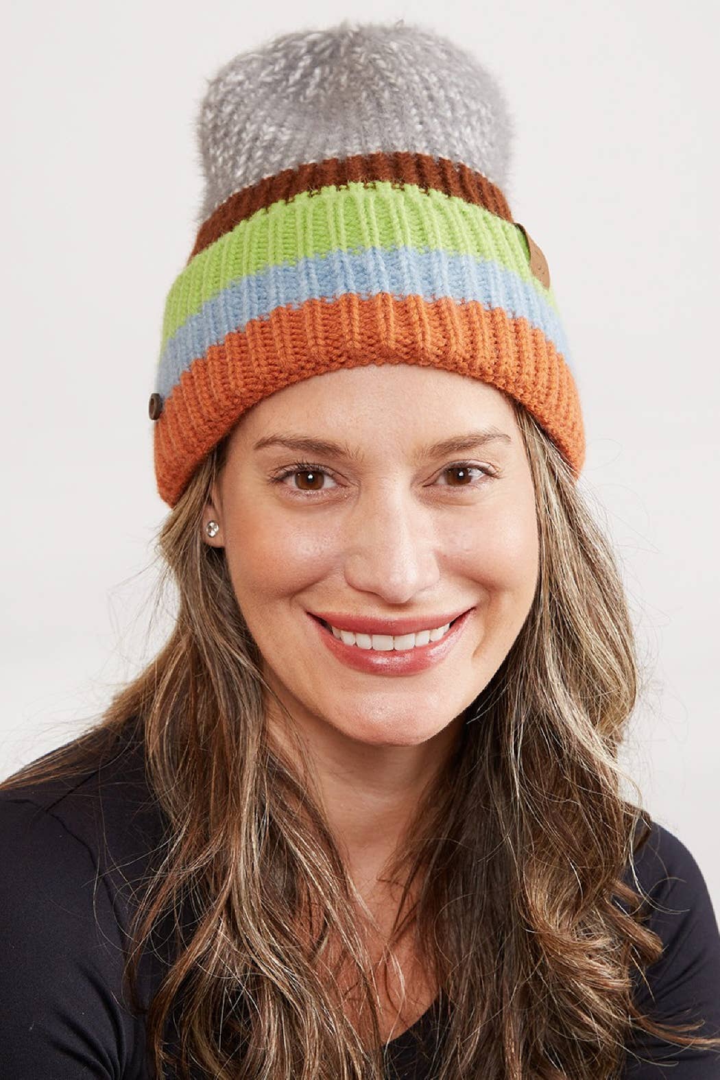 Mixed Color Knit Ribbed Beanie with Button