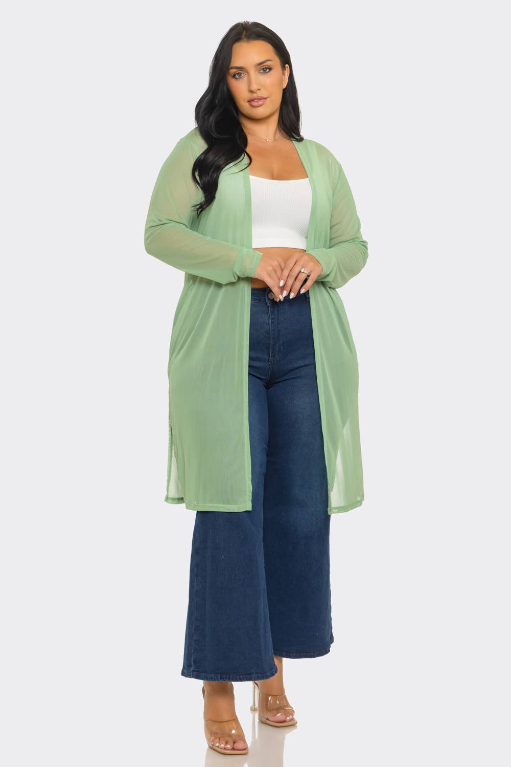 Plus Size Mesh Solid Side Slits Long Sleeve Cardigan