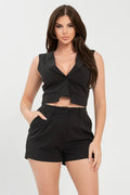 Front Button Down Crop Vest Top And Shorts Set