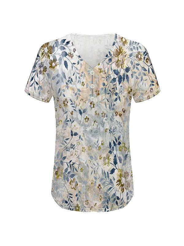 Loose Plus Size Buttoned Flower Print Hollow V-Neck Blouses Tops