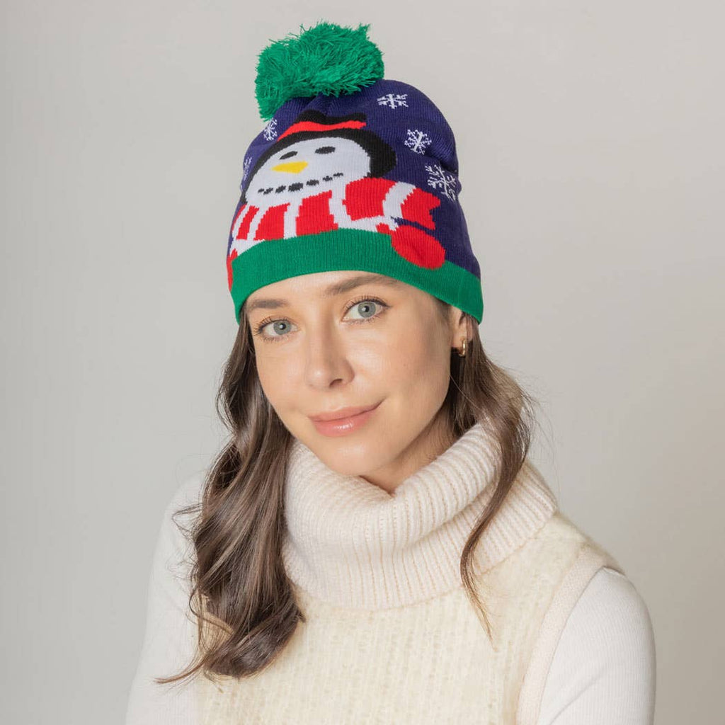 Holiday Snowman Print Knit Beanie Hat