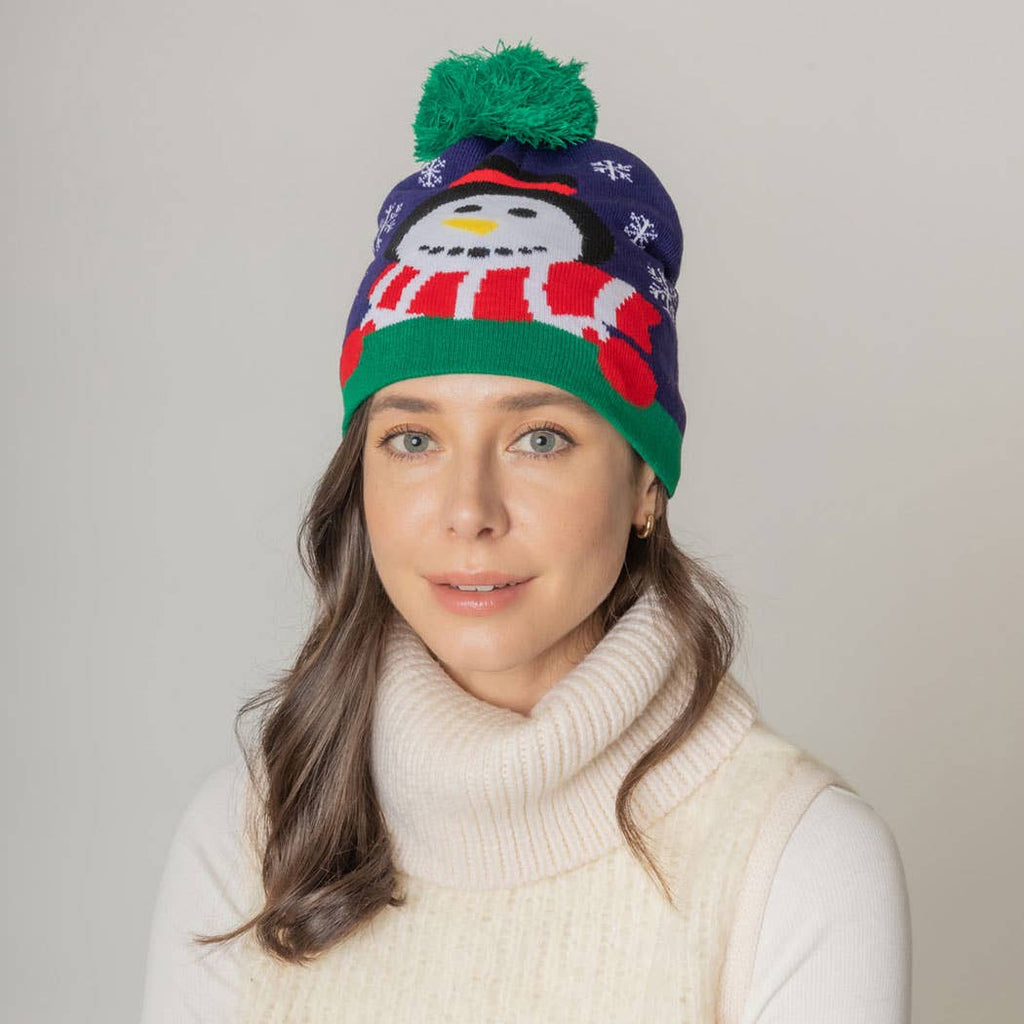 Holiday Snowman Print Knit Beanie Hat