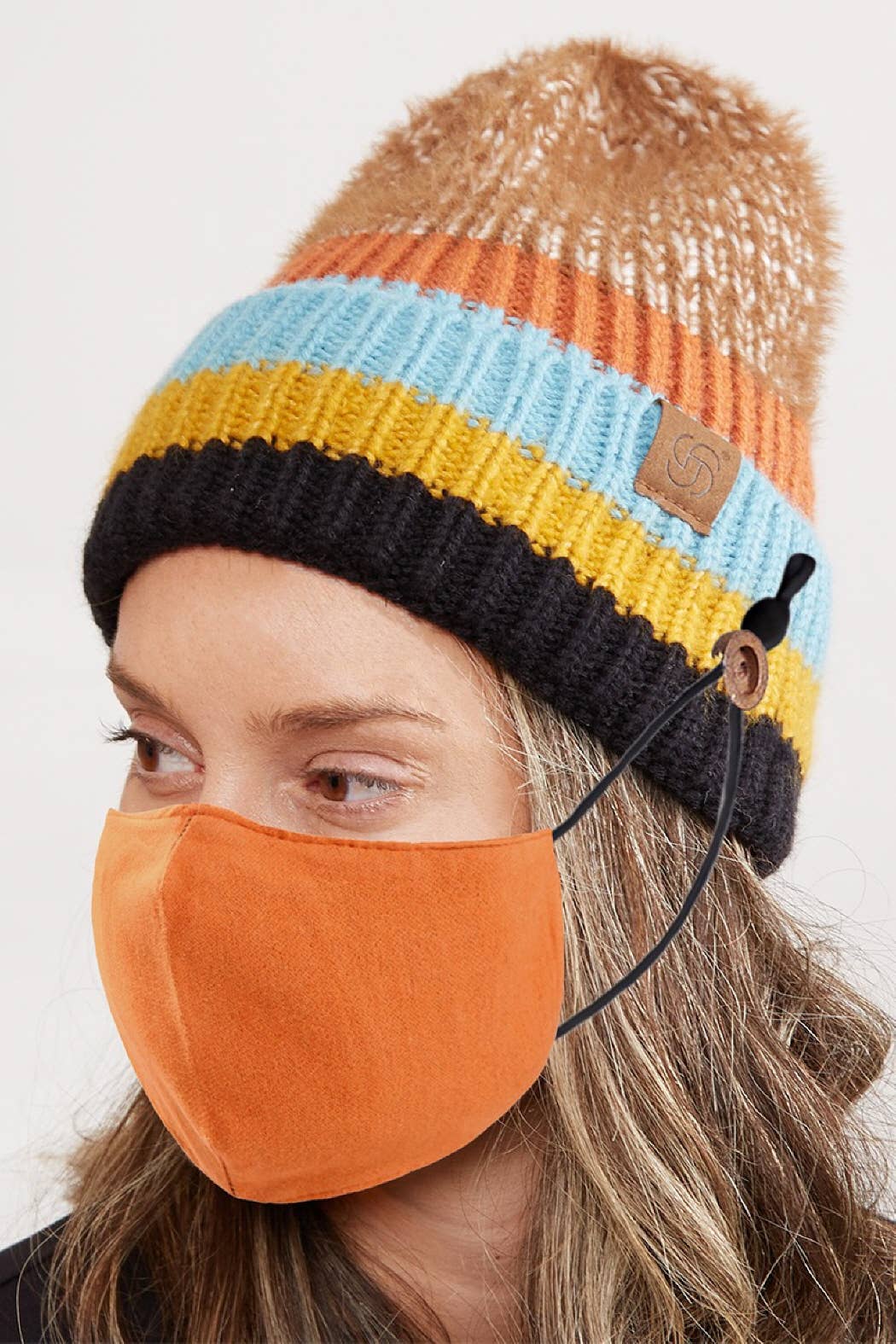 Mixed Color Knit Ribbed Beanie with Button