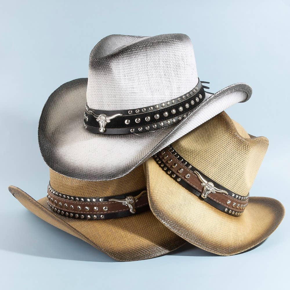 Western Long Horn Studded Strap Straw Cowboy Hat