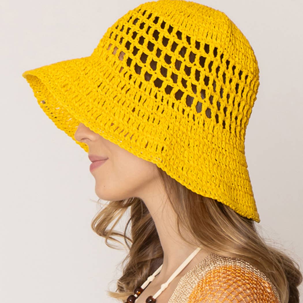 Solid Summer Beach Straw Crochet Bucket Hat