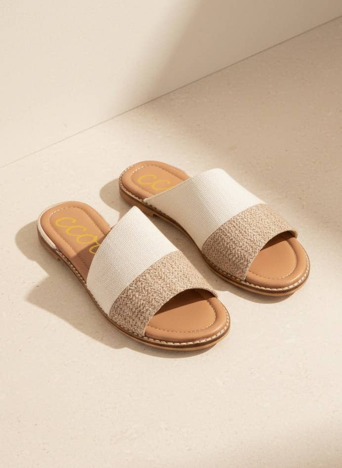 BAMBI Asymmetrical Linen Slide Sandals with Raffia Combo Upp