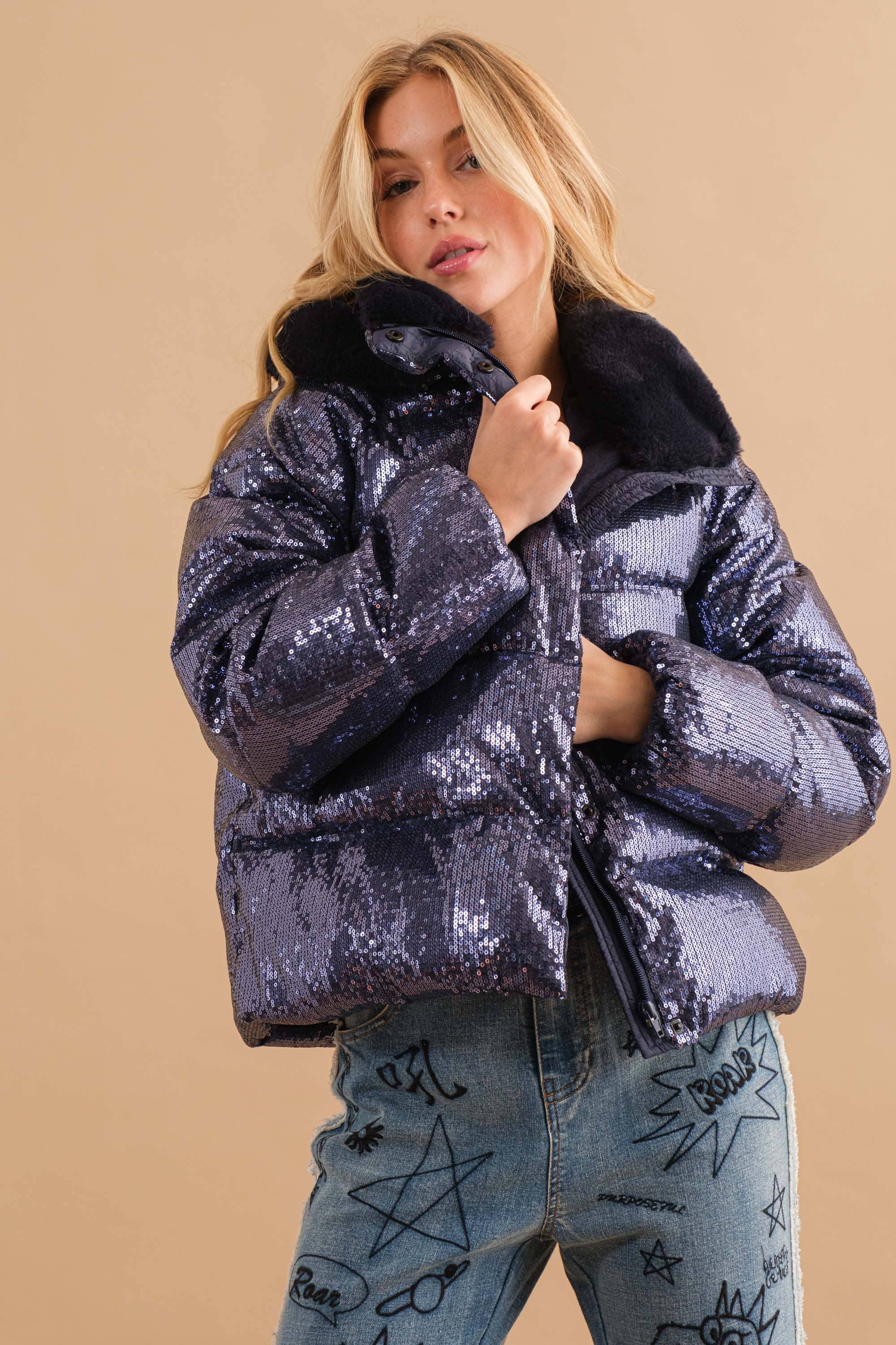 34172J - Sequin Puffer Quilted Fur Hooded Zip Up Coat