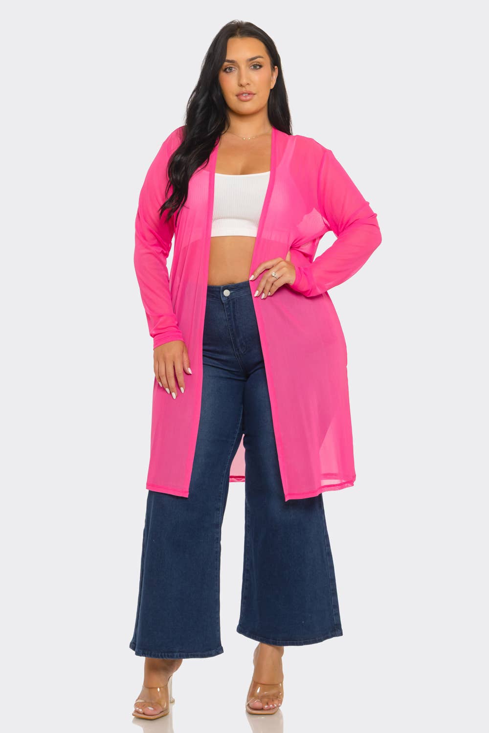 Plus Size Mesh Solid Side Slits Long Sleeve Cardigan
