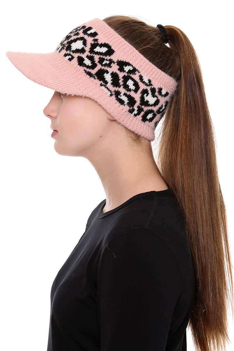 Leopard Detailed Ponytail Knitted Visor Hat