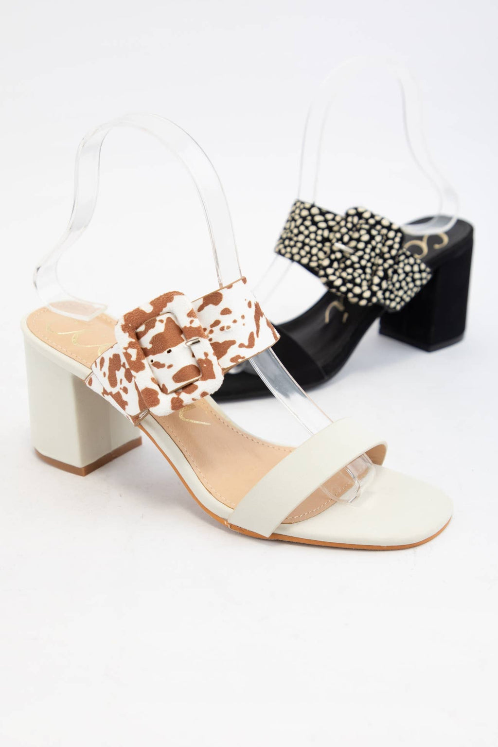 SALLY Double Strap Block Heel Sandals Pattern Strap Heels