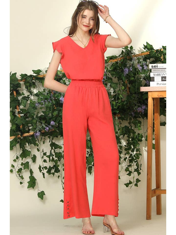 BANDED SMOCKING LONG PANTS WITH BUTTON DETAILED