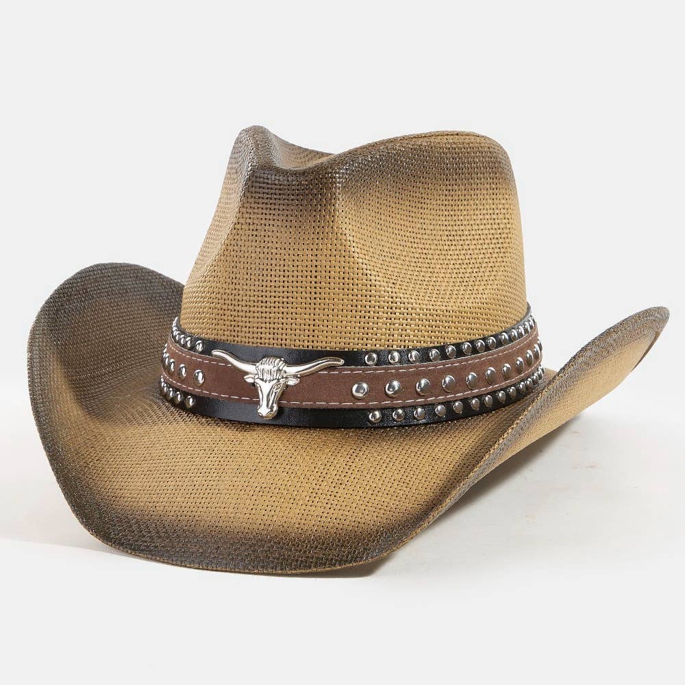 Western Long Horn Studded Strap Straw Cowboy Hat