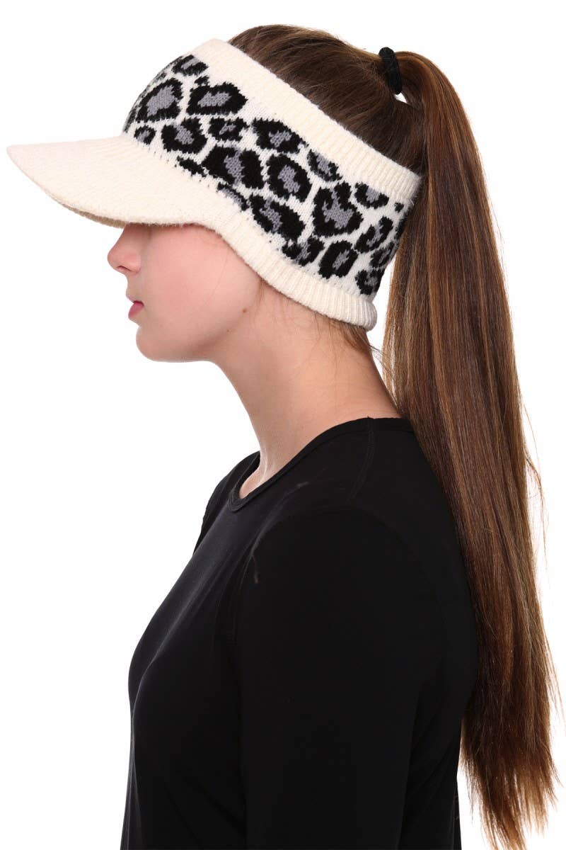 Leopard Detailed Ponytail Knitted Visor Hat
