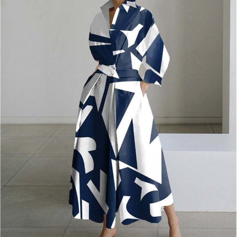 Stylish Printed Polo Neck Loose Fit Midi Dress