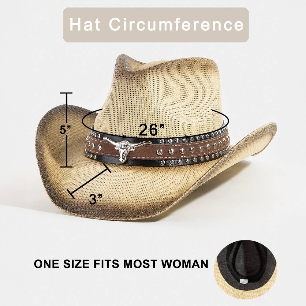 Western Long Horn Studded Strap Straw Cowboy Hat