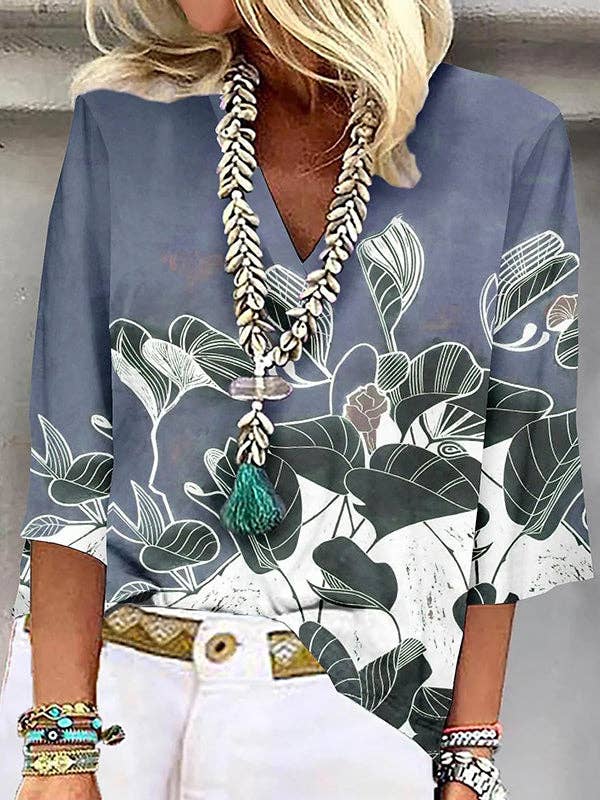 Loose Plus Size Flower Print Three-Quarter Sleeves V-Neck Blouses Tops