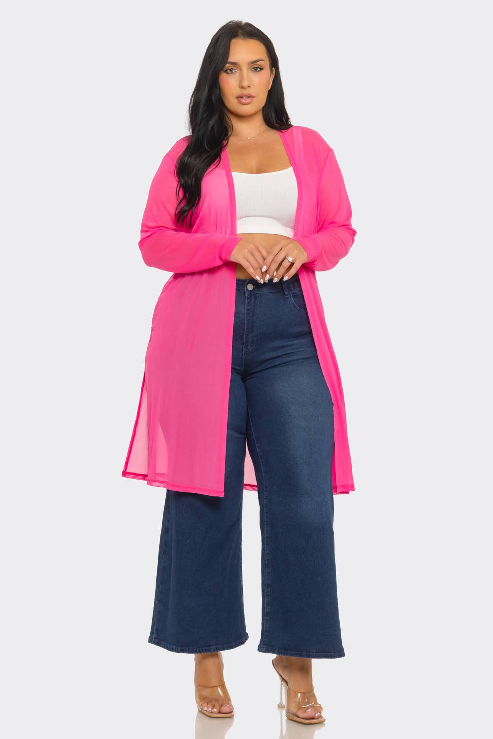 Plus Size Mesh Solid Side Slits Long Sleeve Cardigan
