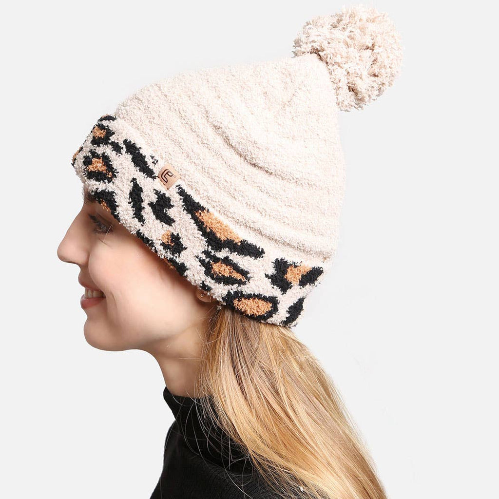 Luxury Soft Beanie Hat w Leopard Print Cuff