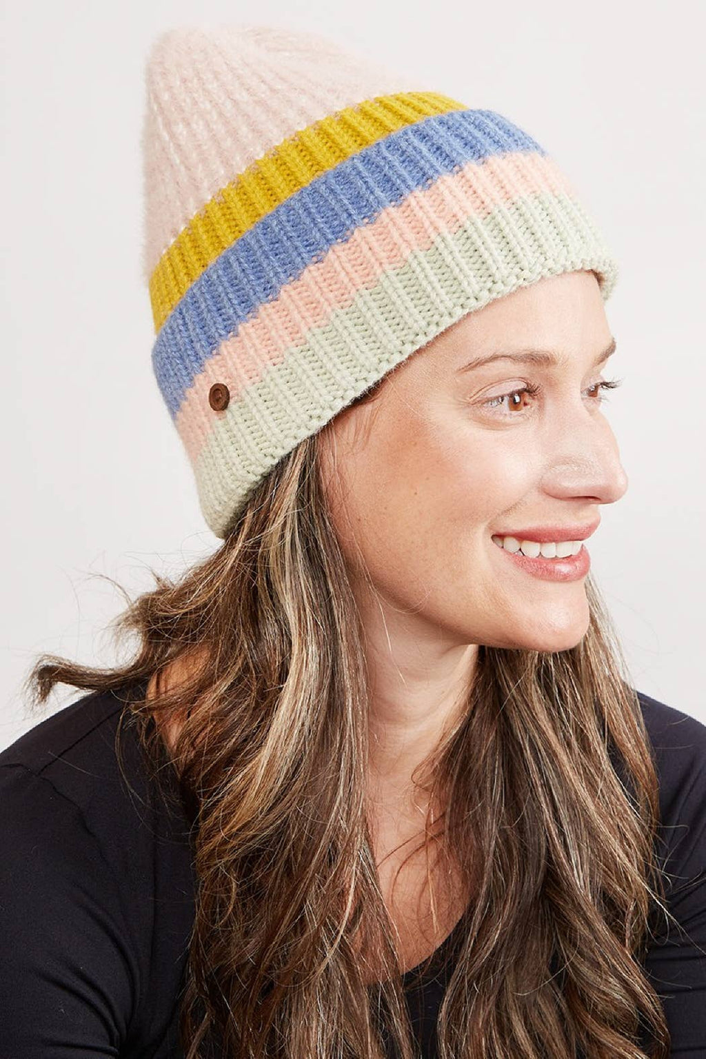 Mixed Color Knit Ribbed Beanie with Button