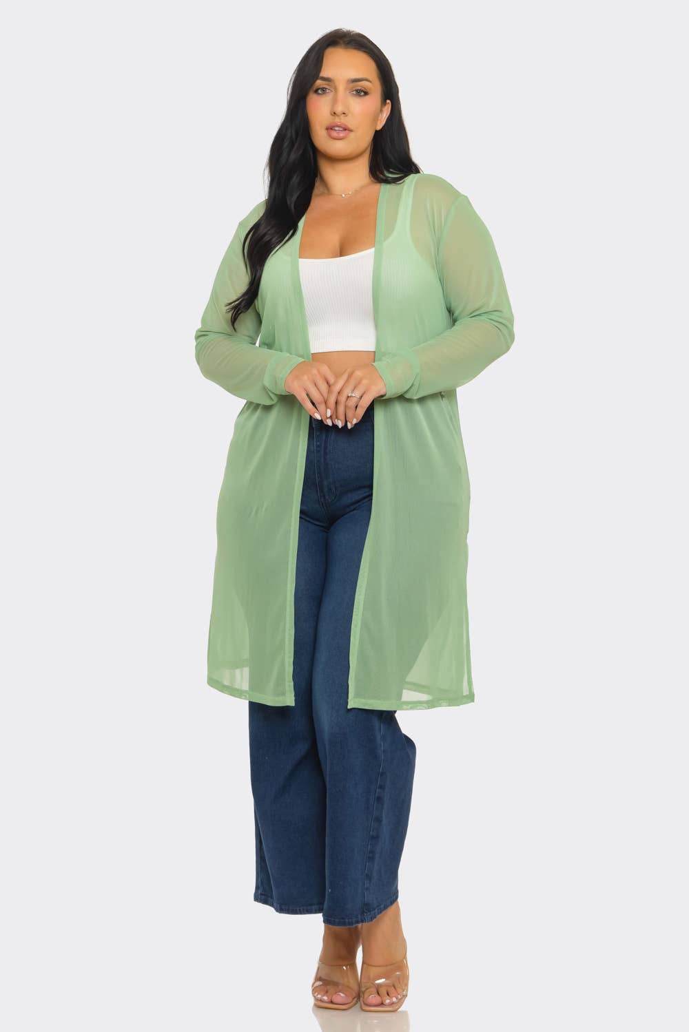Plus Size Mesh Solid Side Slits Long Sleeve Cardigan