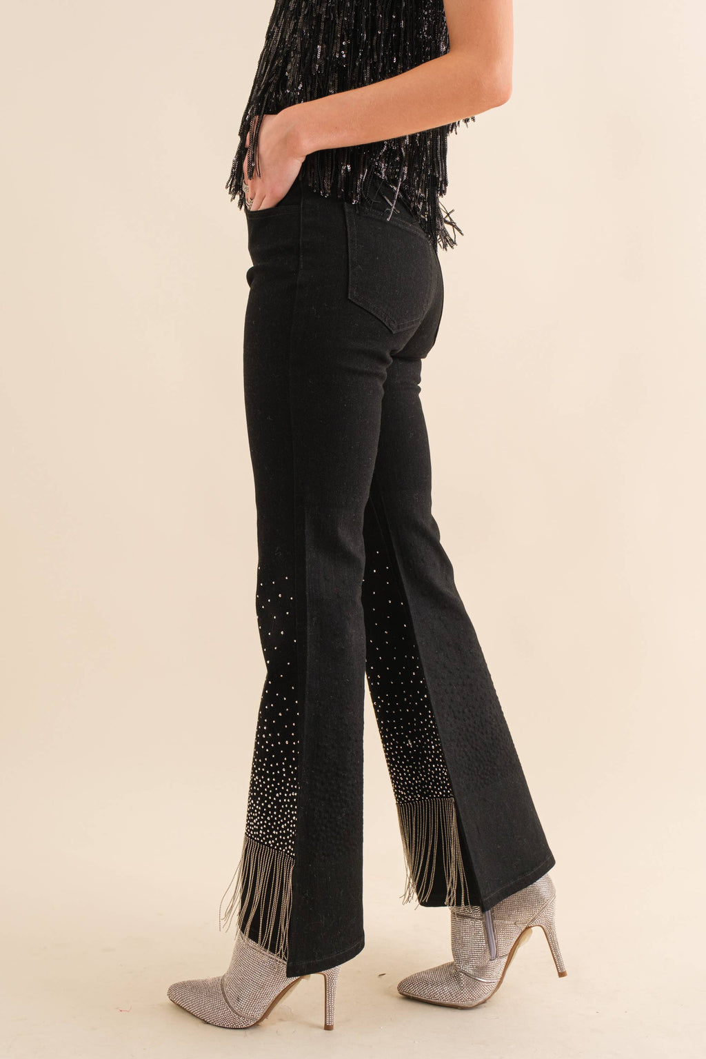 80018P - Cotton Stretch Studded Rhinestone Fringe Jeans