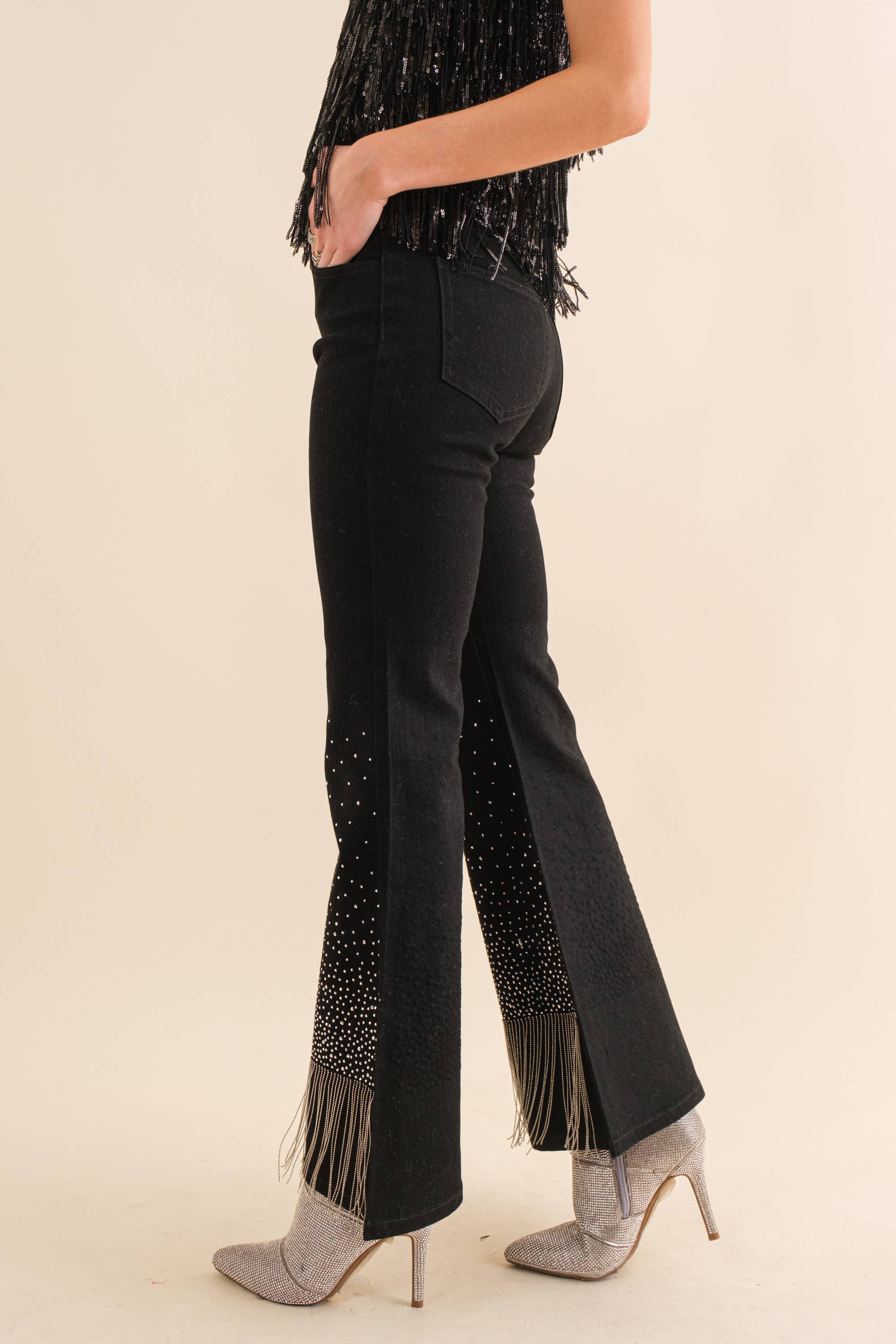 80018P - Cotton Stretch Studded Rhinestone Fringe Jeans