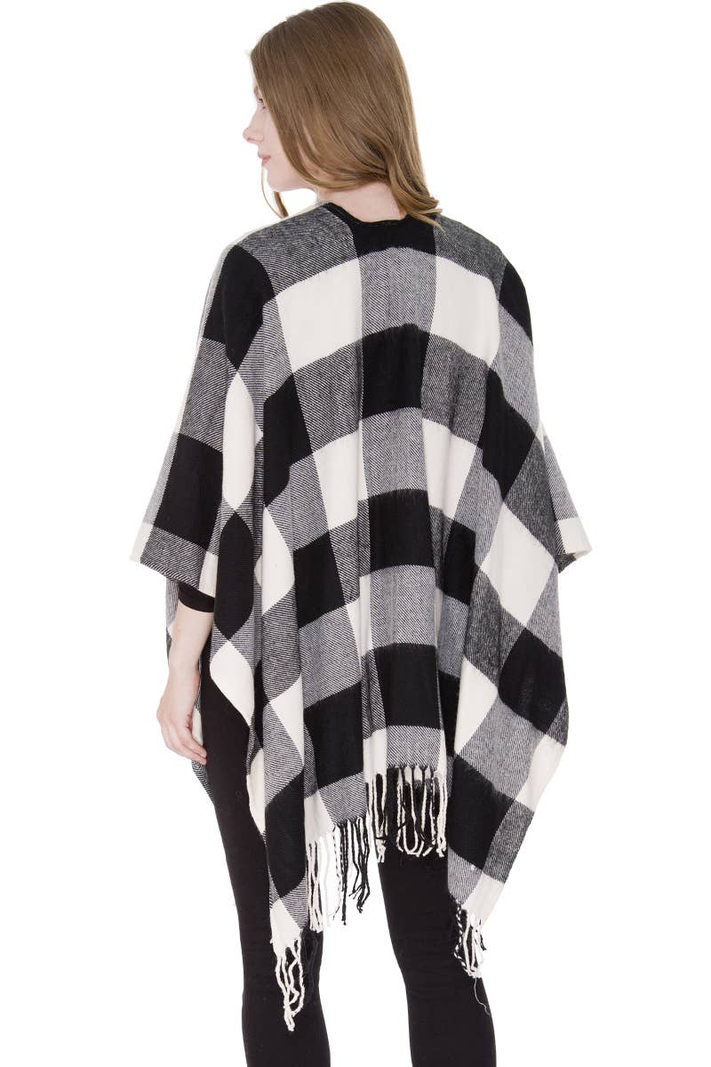 Buffalo Check Pattern Ruana Poncho with Fringes