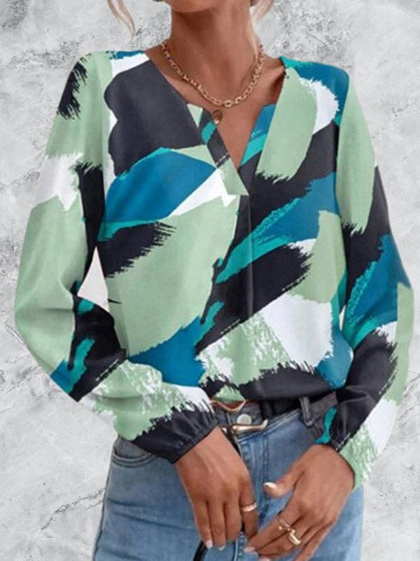 Long Sleeves Printed Split-Joint V-Neck Blouses & Shirts Tops