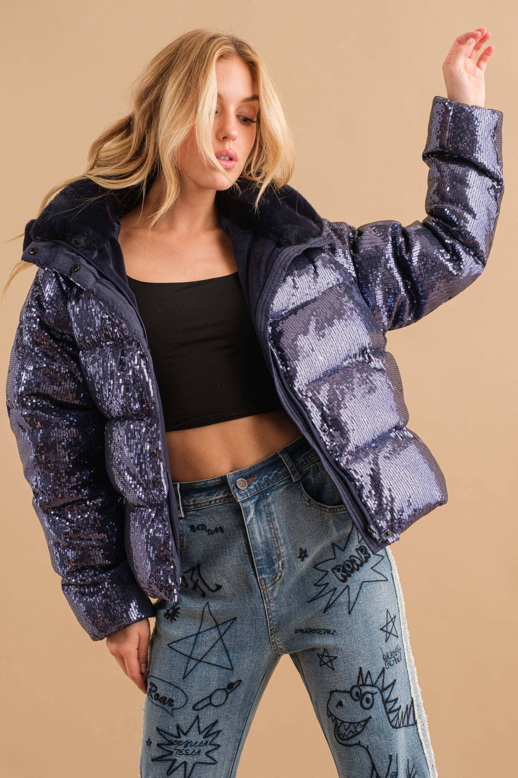 34172J - Sequin Puffer Quilted Fur Hooded Zip Up Coat