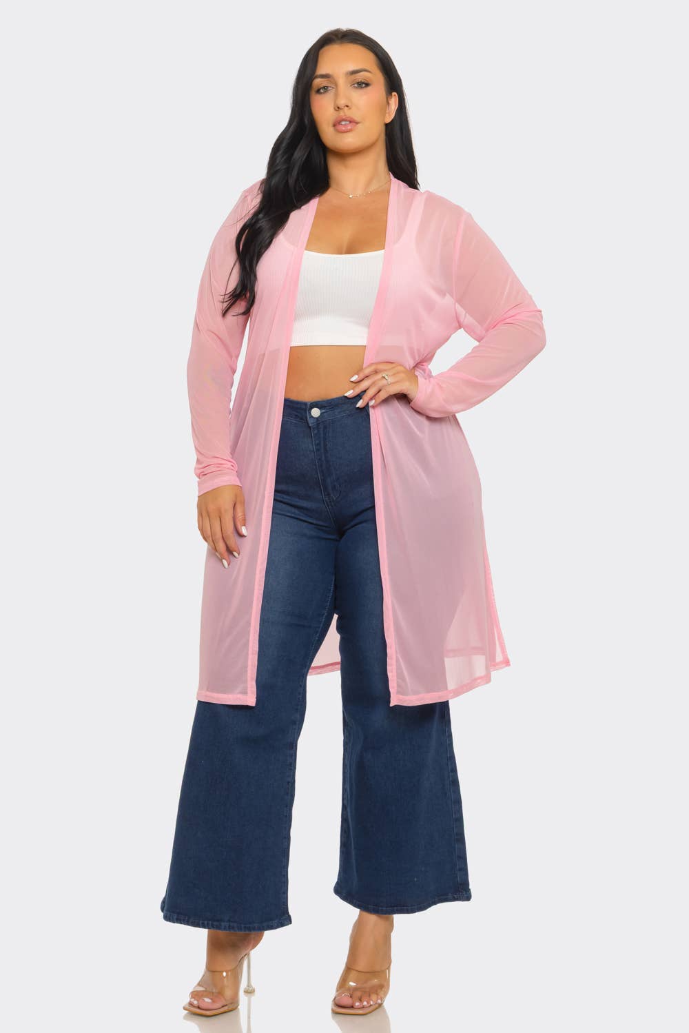 Plus Size Mesh Solid Side Slits Long Sleeve Cardigan
