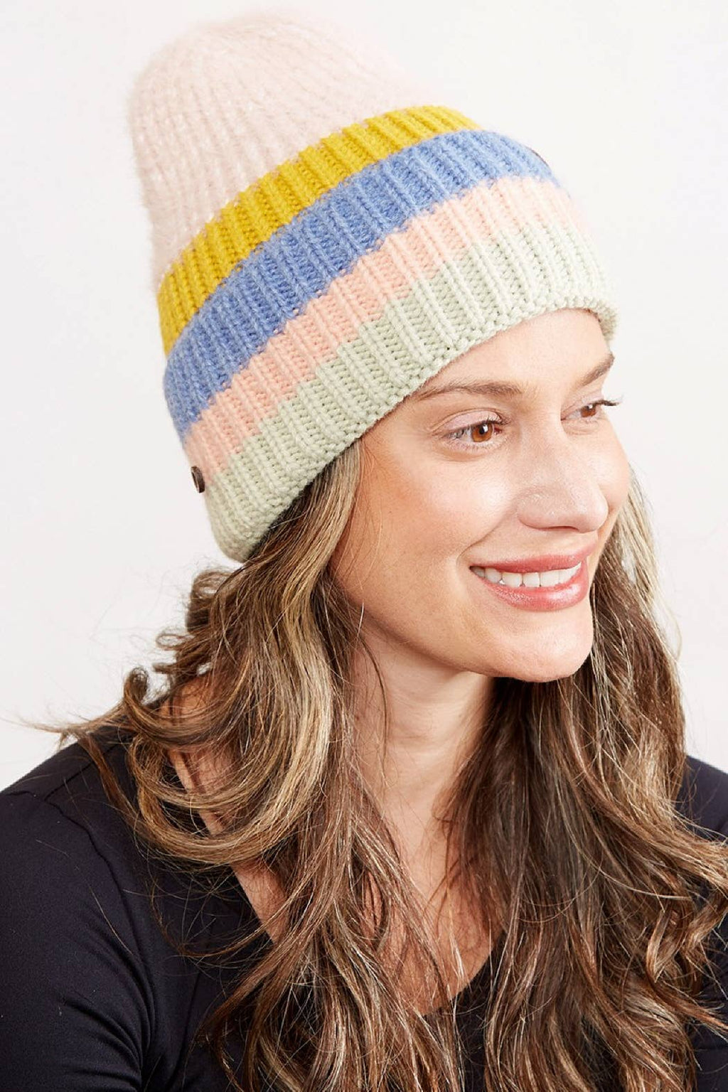 Mixed Color Knit Ribbed Beanie with Button