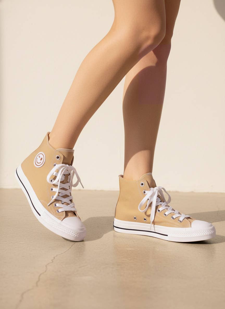 HATTIE Smile Patch High Top Canvas Sneakers Casual Lace Up S