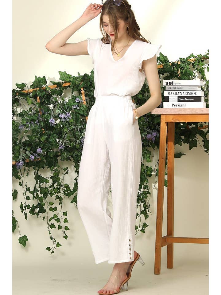 BANDED SMOCKING LONG PANTS WITH BUTTON DETAILED