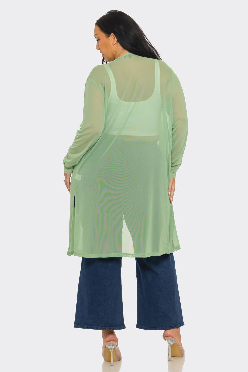 Plus Size Mesh Solid Side Slits Long Sleeve Cardigan