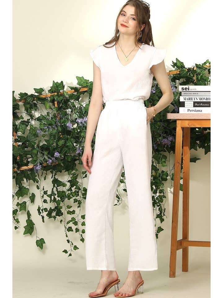 BANDED SMOCKING LONG PANTS WITH BUTTON DETAILED