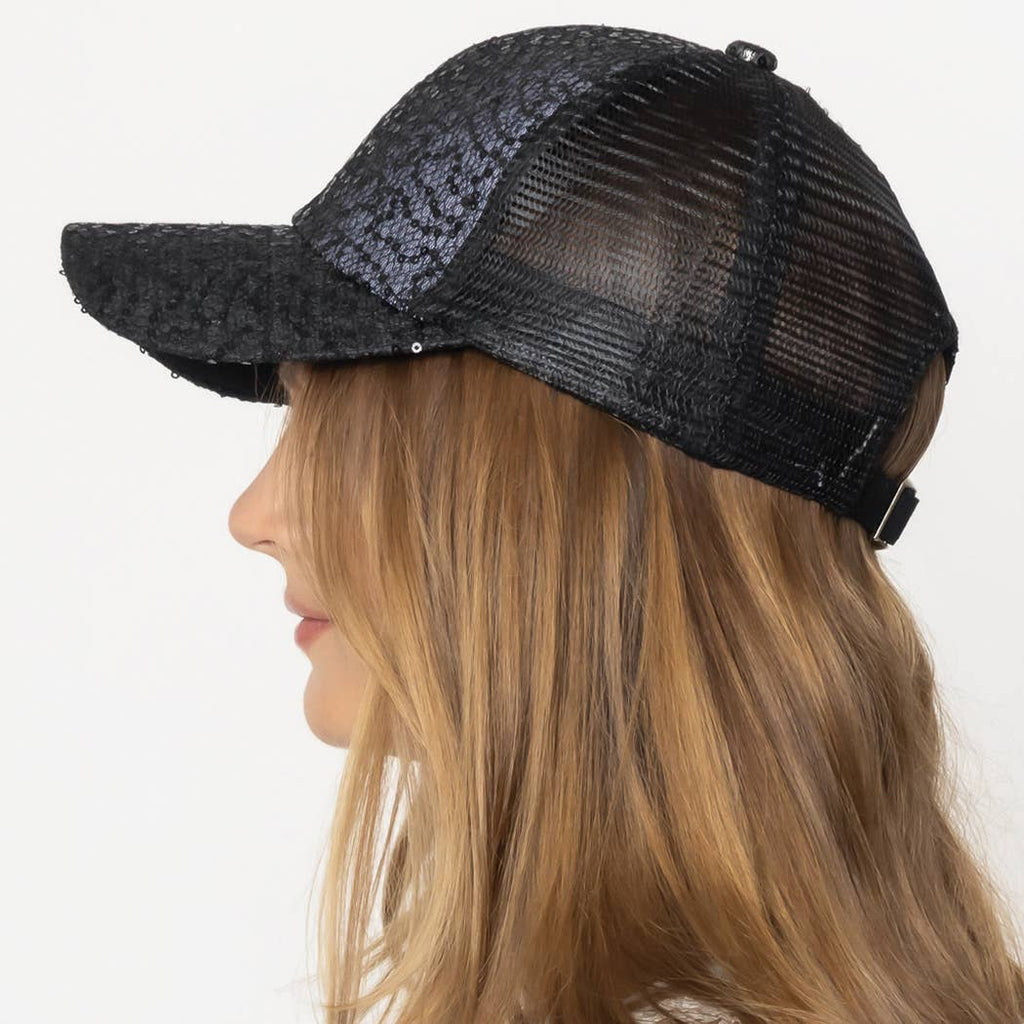 Sequin Leopard Baseball Cap with Meshed Back