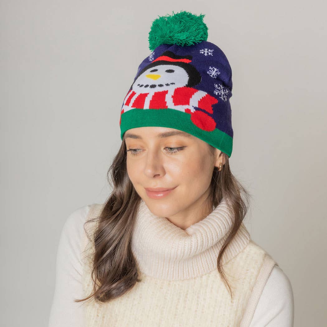 Holiday Snowman Print Knit Beanie Hat