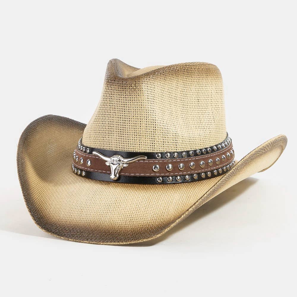 Western Long Horn Studded Strap Straw Cowboy Hat