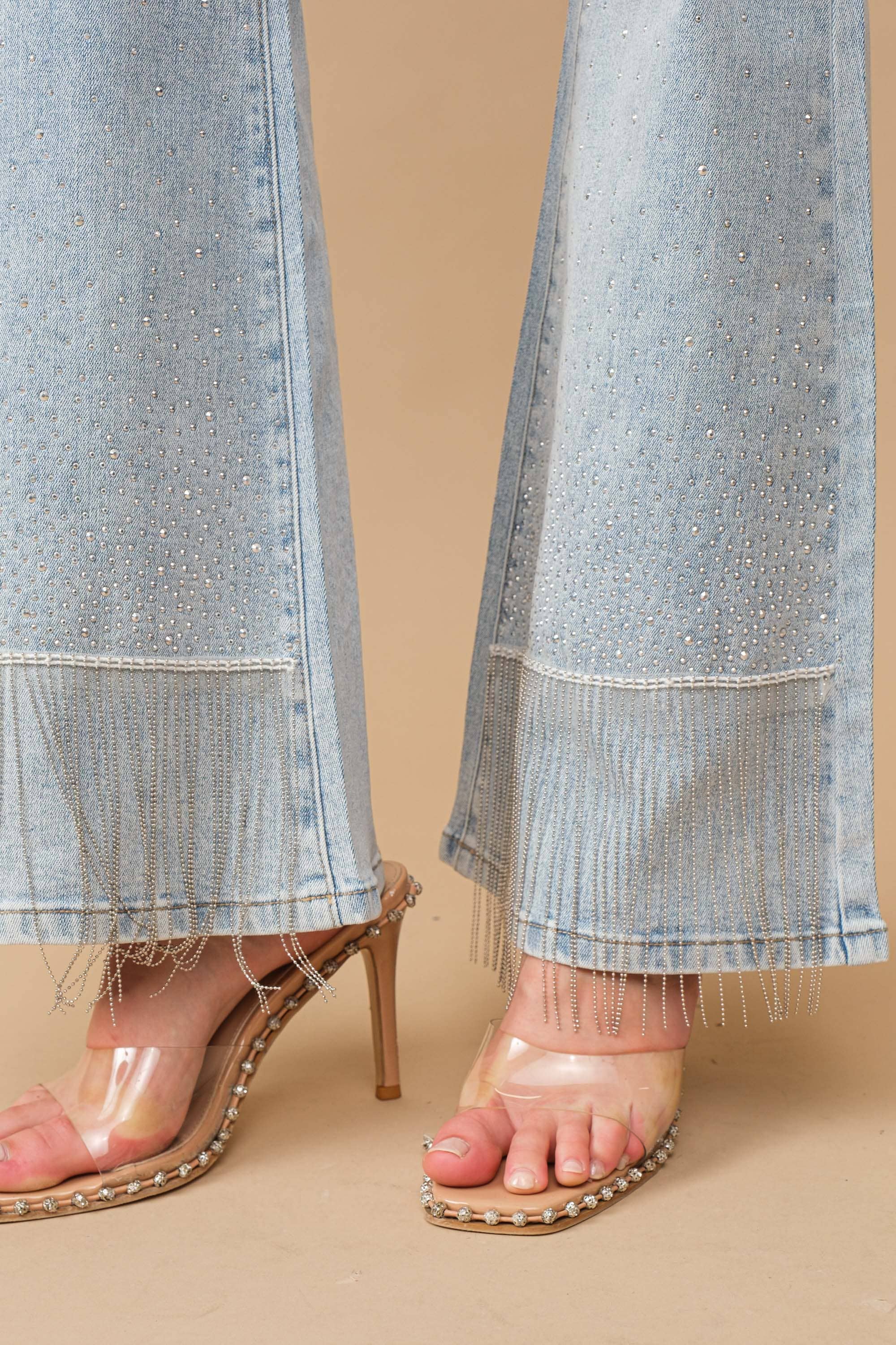 80018P - Cotton Stretch Studded Rhinestone Fringe Jeans