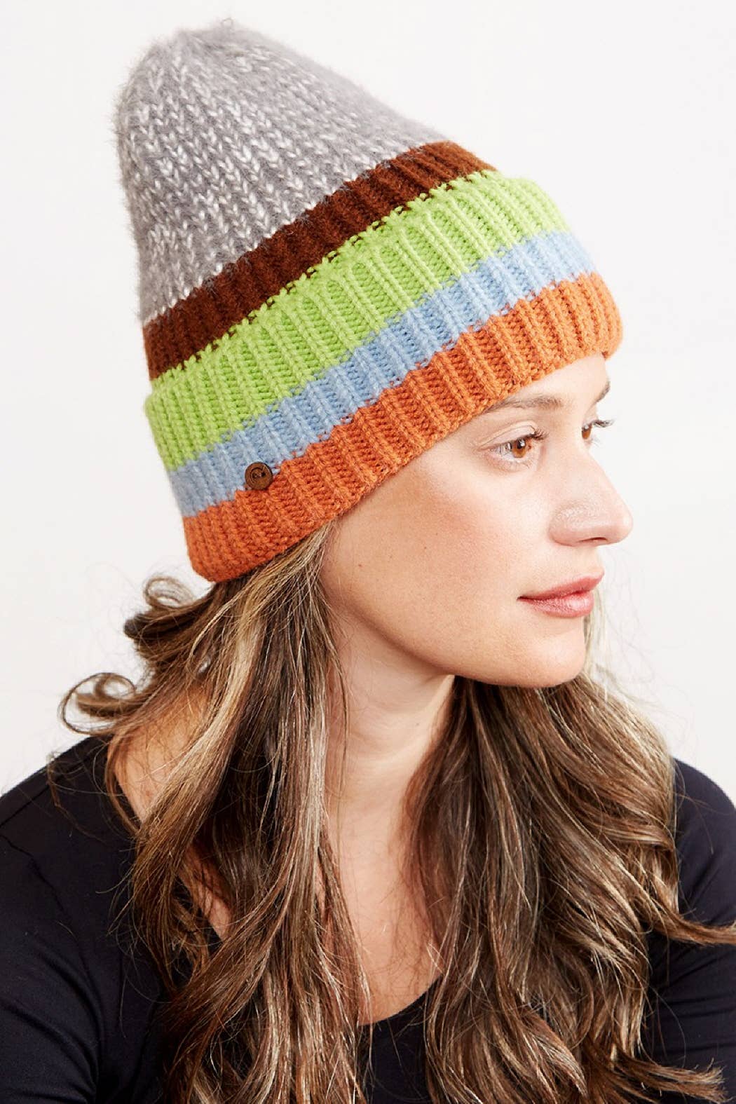 Mixed Color Knit Ribbed Beanie with Button
