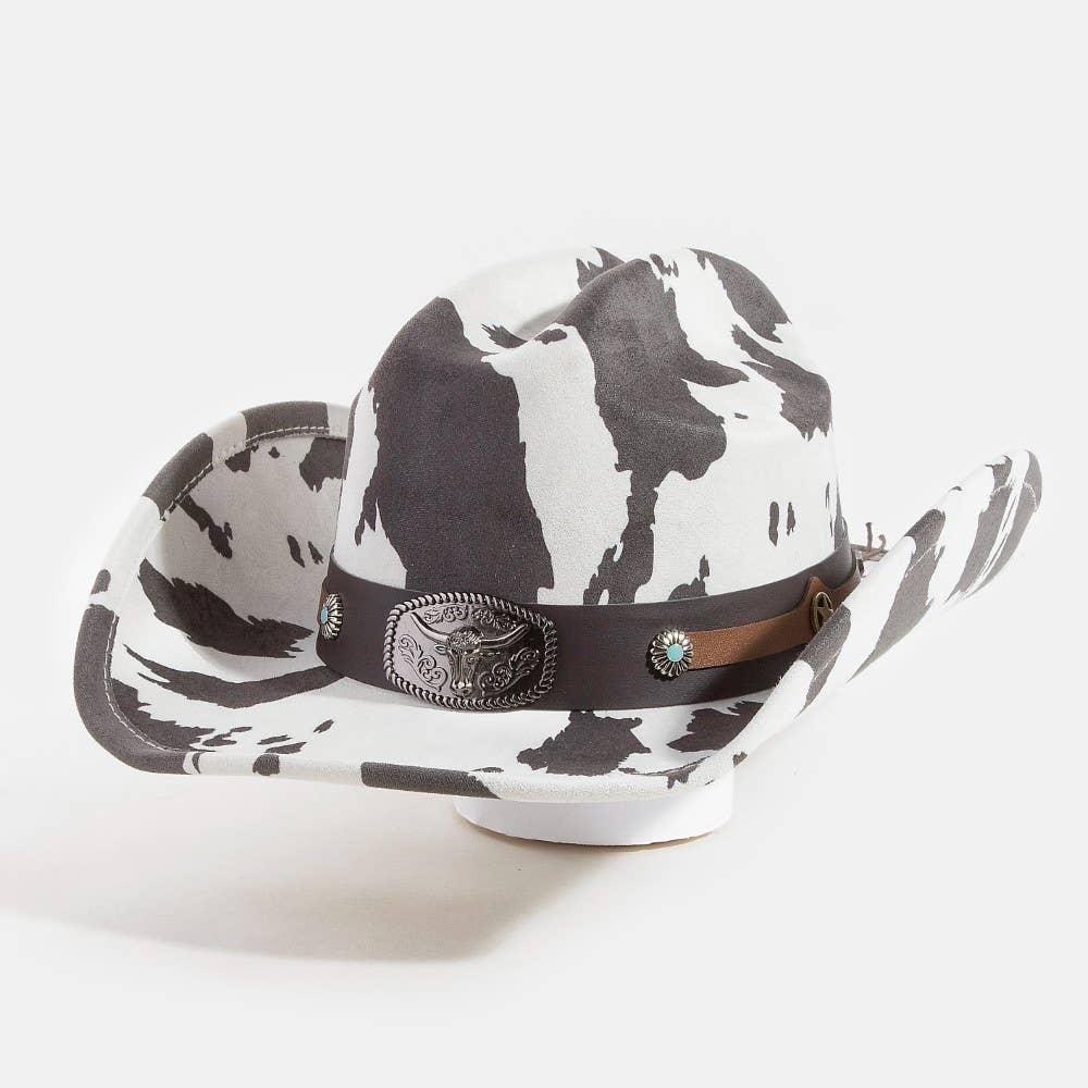 Cow Print Western Long Horn Strap Cowboy Hat