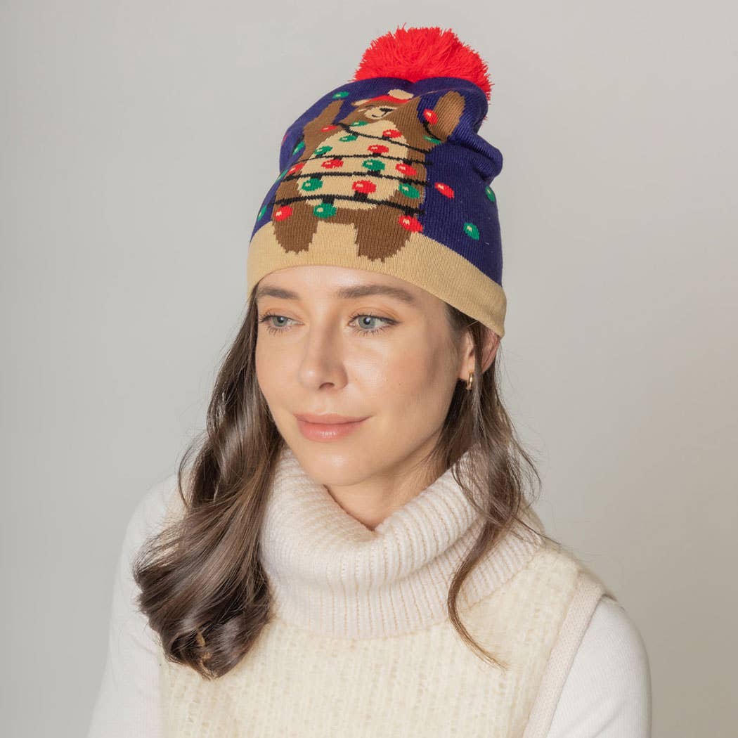 Holiday Bear Print Knit Beanie Hat