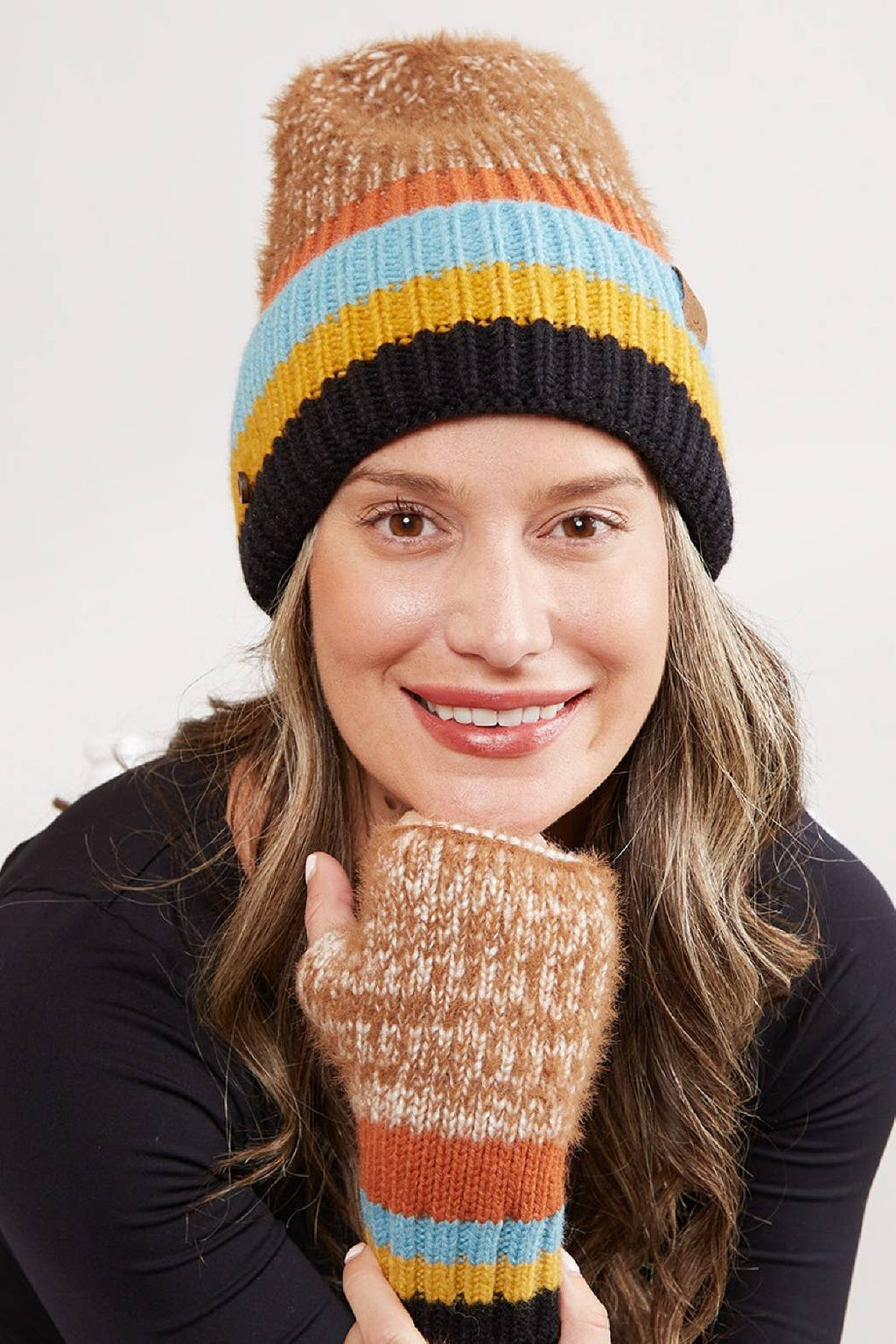 Mixed Color Knit Ribbed Beanie with Button